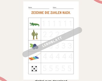 Può includere: Un foglio di lavoro stampabile per i bambini per esercitarsi a tracciare i numeri da 1 a 5. Il foglio di lavoro presenta un'illustrazione colorata di un alligatore, un cactus, un mirtillo, uno xilofono e un dado.