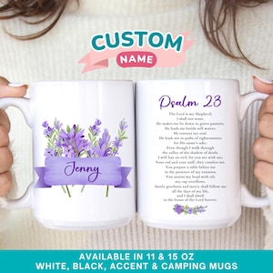 Custom Name Psalm 23 Mug, Bible verse quote ceramic mug, Floral Encouraging coffee mugs, Faith based coffee mugs, Christian camping mug