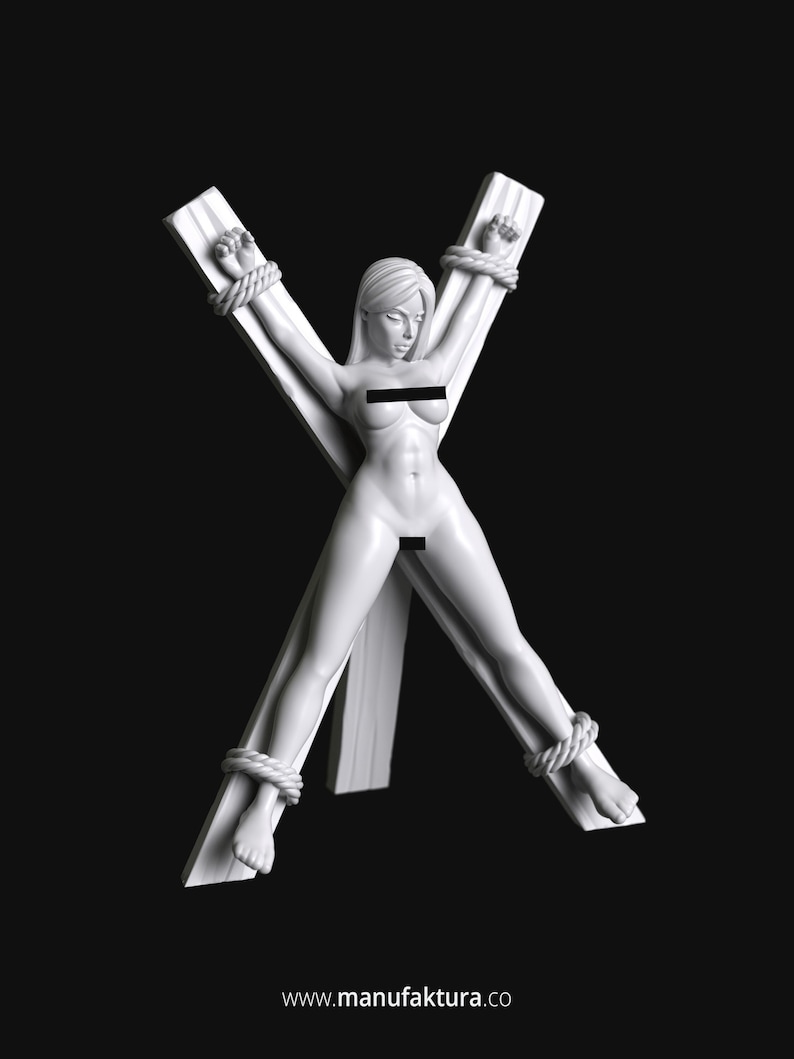 May include: A white figurine of a person tied to a wooden cross. The person is nude and has their arms and legs tied with rope.