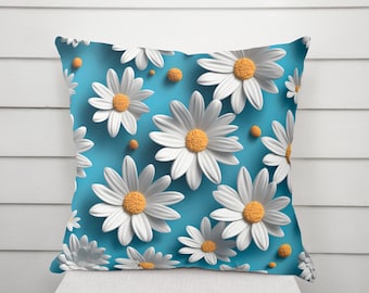 Daisy Flower Pillow Faux Suede Square Complete Pillow Case and Insert, 14x14 16x16 18x18, Floral, Throw Pillow, Decorative Pillow, Luxury