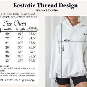 May include: Size chart for a unisex hoodie with measurements in inches for width, length, and sleeve length. The chart shows sizes from S to 4XL. The hoodie is light soft fleece inside with a pouch pocket. It is 80% cotton in solid colors. The model is 5'9" wearing a size Large.