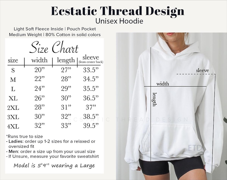 May include: Size chart for a unisex hoodie with measurements in inches for width, length, and sleeve length. The chart shows sizes from S to 4XL. The hoodie is light soft fleece inside with a pouch pocket. It is 80% cotton in solid colors. The model is 5'9" wearing a size Large.