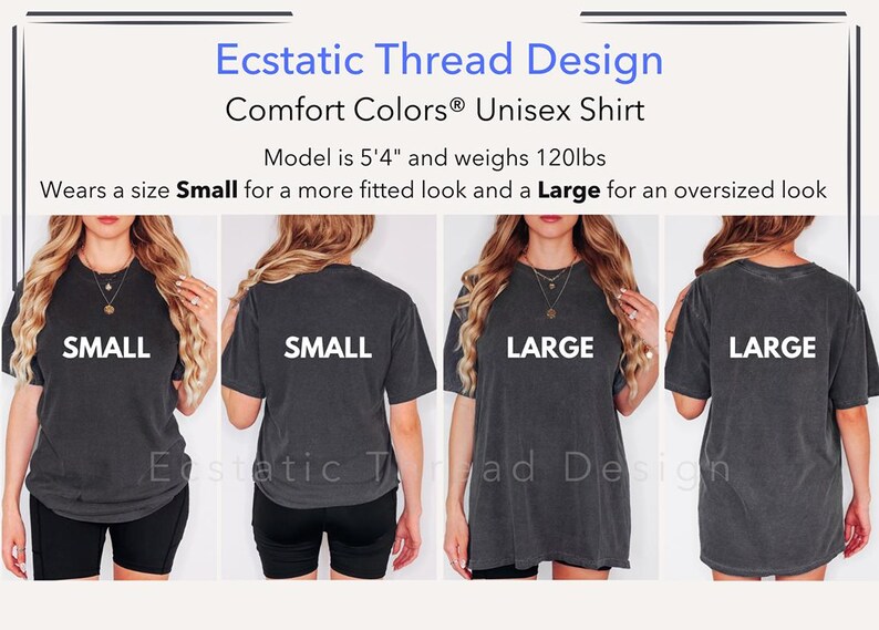 Op de afbeelding: Een antracietkleurig Comfort Colors unisex T-shirt. De afbeelding toont het shirt in de maten Small en Large, gedragen door een model. De tekst op het shirt luidt "SMALL" en "LARGE". Het shirt maakt deel uit van de Ecstatic Thread Design collectie.