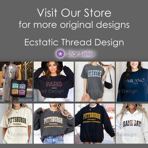 Op de afbeelding: Promotieafbeelding met diverse kledingstukken. De afbeelding toont een tote bag, sweatshirts en t-shirts met stads- en sportthema's. Tekst bevat "Visit Our Store", "Ecstatic Thread Design" en "Star Seller".