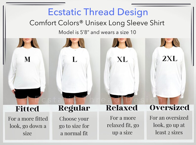 Op de afbeelding: Wit Comfort Colors unisex lange mouwen shirt. De afbeelding toont vier modellen die het shirt dragen in de maten M, L, XL en 2XL. Tekst op de afbeelding luidt "Ecstatic Thread Design" en "Model is 173 cm en draagt maat 10."