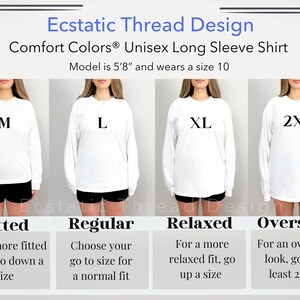 May include: A size chart for a unisex long-sleeve shirt. The chart shows four different sizes: M, L, XL, and 2XL. Each size is shown on a model wearing the shirt. The chart also includes descriptions of the fit for each size: Fitted, Regular, Relaxed, and Oversized.