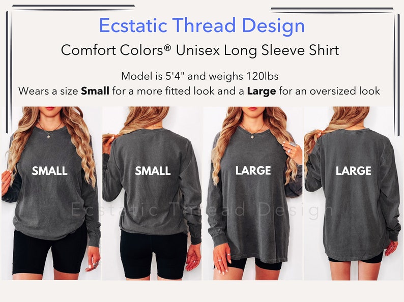 May include: A model wears a charcoal grey long-sleeve shirt in two sizes: Small and Large. The shirt is a unisex style and has a relaxed fit. The model is 5'4" and weighs 120 lbs.