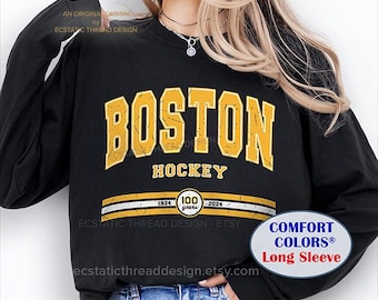 Boston Hockey Shirt Long Sleeve, Vintage Style, Comfort Colors®, Hockey Boston Tshirts, B's Tee, Black and Gold, Unisex