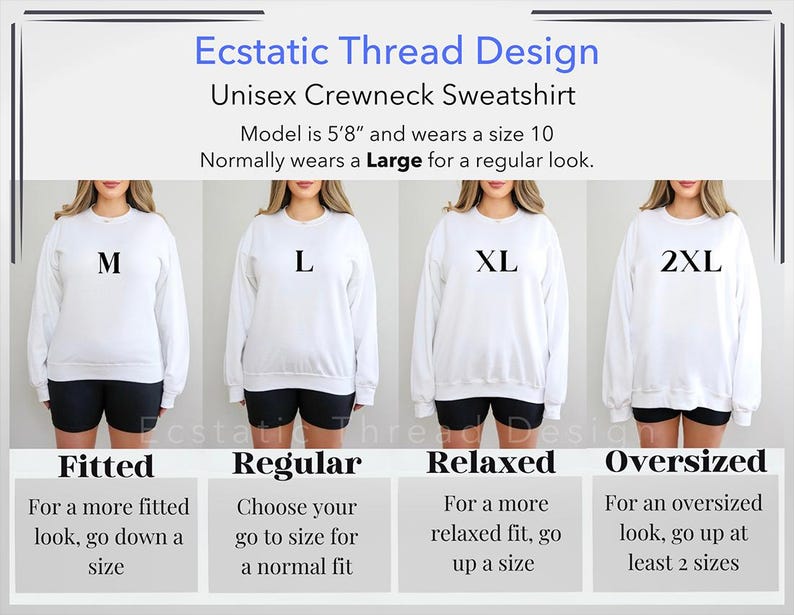 Op de afbeelding: Maattabel voor een unisex crewneck sweatshirt. De tabel toont de verschillende beschikbare maten, van M tot 2XL, en hoe ze passen. Het model is 1,73 m lang en draagt maat 10, normaal gesproken draagt ze maat L voor een normale look.
