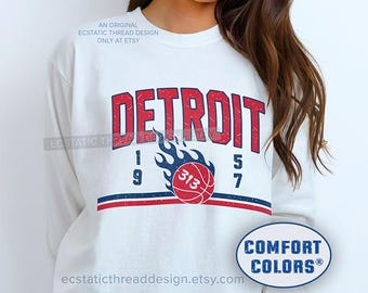 Detroit Basketball Shirt, Vintage Pistons Long Sleeve Tee, Retro 313 Tshirt, Comfort Colors Unisex