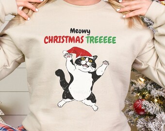Funny Cat Christmas Sweatshirt, Meowy Christmas Sweatshirt, Cat Christmas Tree, Distressed Sweatshirt, Men and Womens Sweatshirt, Unisex