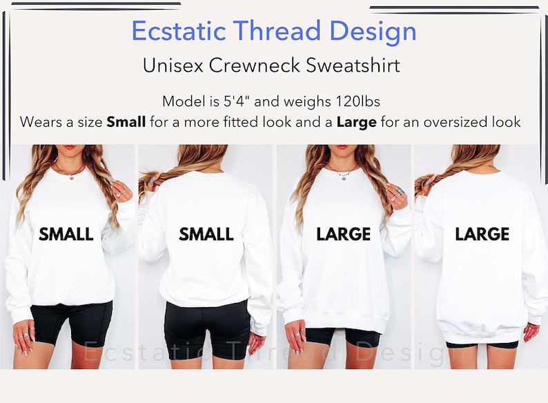 Op de afbeelding: Een wit unisex crewneck sweatshirt getoond in twee maten: Small en Large. Het model is 1,63 m lang en weegt 54 kg. De tekst "Small" en "Large" is gedrukt op de achterkant van het sweatshirt.