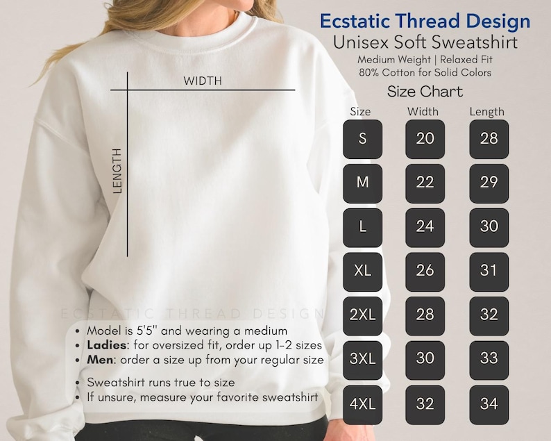Op de afbeelding: Maattabel voor een unisex zacht sweatshirt. De tabel toont de breedte- en lengtematen in inches voor maten S tot en met 4XL. Het sweatshirt is gemaakt van 80% katoen en heeft een ontspannen pasvorm.