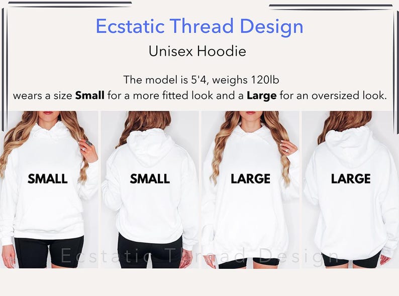May include: Four white unisex hoodies with the words "Small" and "Large" printed on them. The model is 5'4 and weighs 120 lbs.