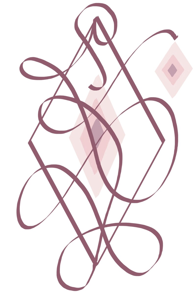 May include: A stylized illustration of a pink and white diamond shape with a swirling, abstract design in a dark pink color.