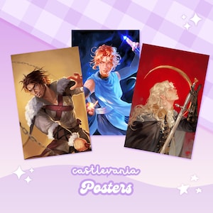 May include: Three different posters featuring characters from the Castlevania video game series. The posters are set against a purple and white chequered background. The first poster features a man with brown hair and a brown leather jacket. The second poster features a man with blonde hair and a blue shirt. The third poster features a woman with blonde hair and a black and white dress.