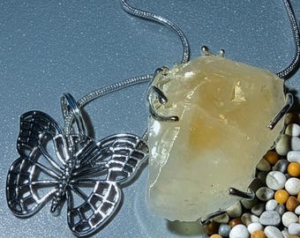 Handcrafted Gypsum selenite crystal necklace jewelry pendant with butterfly charm