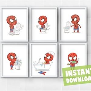 Set of 6 Superhero Kids Children Bathroom Bedtime Daily Chores Routine Instant Digital Download Wall Art Decor Printables