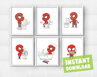 Conjunto de 6 super-heróis para crianças, banheiro, rotina de tarefas diárias, download digital instantâneo, arte de parede, decoração, imprimíveis