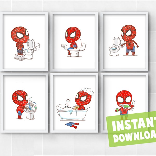 Set of 6 Superhero Kids Children Bathroom Bedtime Daily Chores Routine Instant Digital Download Wall Art Decor Printables