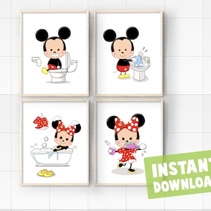 Set of 4 Mouse Characters Kids Bathroom Instant Digital Download Wall Art Decor Printables Prints Bedtime Routine Daily Chores