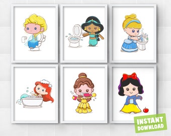 Set of 6 Princess Kids Bathroom Bedtime Prints Instant Download Wall Art Decor Princesses Printables