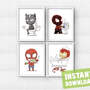 Set of 4 Superhero Kids Bathroom Wash Hands Chores Routine Instant Digital Prints Download Wall Art Decor Printables