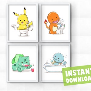 Set of 4 Comic Manga Video Game Characters Kids Bathroom Instant Digital Download Wall Art Decor Printables Bedtime Routine Daily Chores