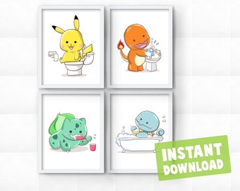 Set of 4 Comic Manga Video Game Characters Kids Bathroom Instant Digital Download Wall Art Decor Printables Bedtime Routine Daily Chores