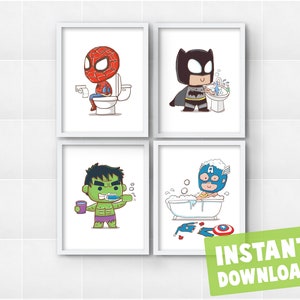 Set of 4 Superhero Kids Bathroom Bedtime Chores Routine Instant Digital Prints Download Wall Art Decor Printables