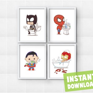 Set of 4 Superhero Kids Bathroom Bedtime Daily Chores Routine Instant Digital Download Wall Art Decor Printables
