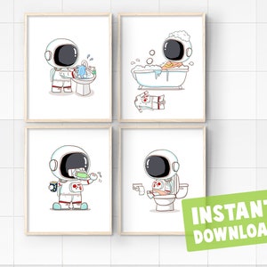 Juego de 4 impresiones digitales instantáneas de astronautas espaciales para el baño de niños, rutinas para dormir, decoración de pared, imprimibles, astronauta.