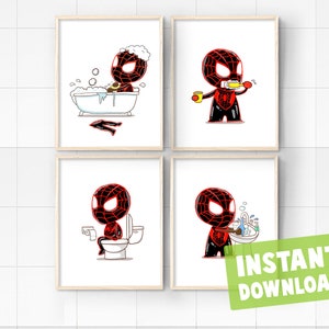 Set 4 Black Superhero Kids Bathroom Wall Art Decor Instant Digital Prints Download Super hero Superheroes Princesses Printables