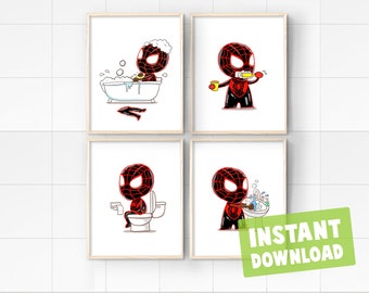 Conjunto de 4 super-heróis pretos para decoração de parede de banheiro infantil, impressões digitais instantâneas, download de super-heróis, super-heróis, princesas, imprimíveis