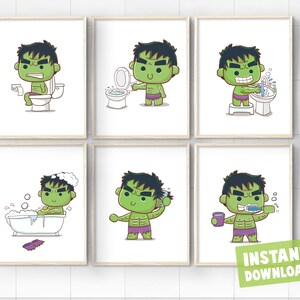 Set of 6 Superhero Kids Children Bathroom Bedtime Daily Chores Routine Instant Digital Download Wall Art Decor Printables