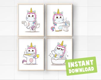 Set of 4 Unicorns Kids Bathroom Bedtime Daily Chores Routine Instant Digital Prints Download Wall Art Decor Printables