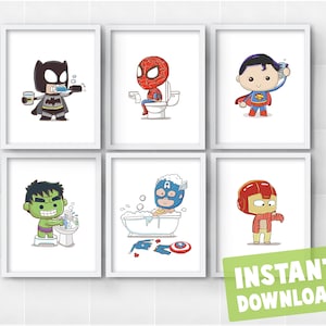 Set of 6 Superhero Kids Bathroom Bedtime Daily Chores Routine Instant Download Wall Art Decor Printables