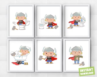 Set of 6 Superhero Kids Bathroom Bedtime Daily Chores Routine Instant Download Wall Art Decor Printables Superheroes
