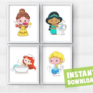 Set of 4 Princess Princesses Kids Bathroom Bedtime Daily Chores Routine Instant Digital Prints Download Wall Art Decor Printables