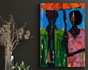 Pioggia arancione, Coppia nera, Poster da parete / Stampa sull'amore nero, Arte da parete per la famiglia afroamericana, Arte delle persone nere
