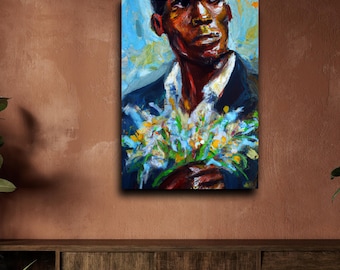 Date Night, Black Men Art Series: Stretched Canvas Print, Black Man Portrait Painting, Colorful Flowers, Expressive Artwork, Home Decor