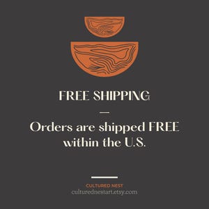 May include: Dark gray background with two orange, semi-circular designs. Text reads "FREE SHIPPING" and "Orders are shipped FREE within the U.S." The Etsy shop name and URL are at the bottom.