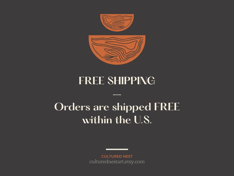 May include: Dark gray background with two orange, semi-circular designs. Text reads "FREE SHIPPING" and "Orders are shipped FREE within the U.S." The Etsy shop name and URL are at the bottom.