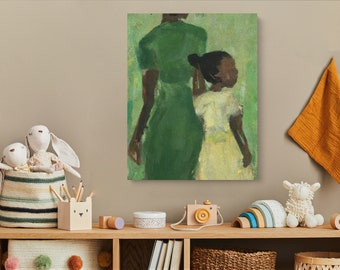 Green Mother, Black Daughter Art Series, Wrapped CANVAS wall art, family portrait, Black girl art, Gift for mom, Print for girls room