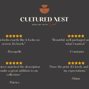 May include: Dark gray background with the text "CULTURED NEST" and "NEW ART with Soul". Includes customer reviews with five-star ratings. The logo features a brown, abstract design.