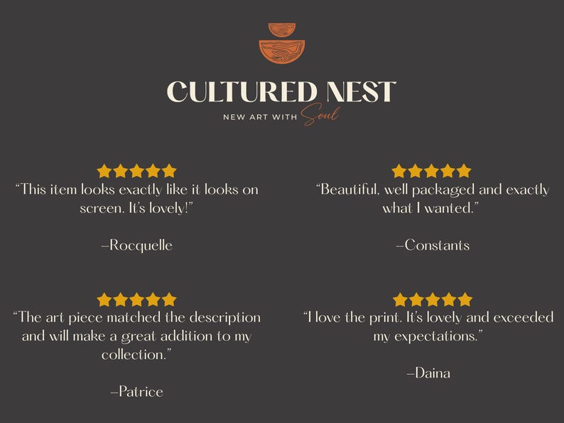 May include: Dark gray background with the text "CULTURED NEST" and "NEW ART with Soul". Includes customer reviews with five-star ratings. The logo features a brown, abstract design.