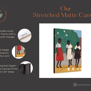 May include: Stretched matte canvas art print featuring three figures in dresses on a yellow crosswalk. The artwork has a museum-quality look with black edges and is 1.25" deep. The canvas includes a wood inner frame and sawtooth hanger.