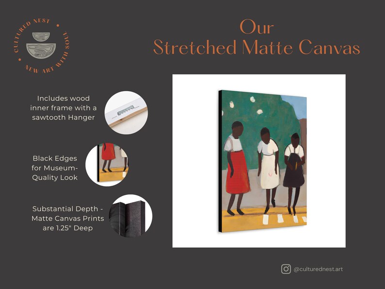May include: Stretched matte canvas art print featuring three figures in dresses on a yellow crosswalk. The artwork has a museum-quality look with black edges and is 1.25" deep. The canvas includes a wood inner frame and sawtooth hanger.