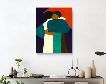 Embrace, Black Couple Art, Matte CANVAS wall art | Black love print, African American Artwork, relationship, couple, anniversary, newlyweds