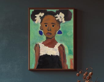 Girl with Afro Puffs, Daughter Series, Framed Canvas Art | Black Child Artwork Print
